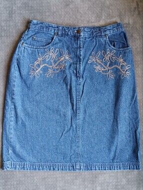 Y2K Blue Denim Cotton Jean Floral Embroidered Skirt, Vintage Westbound Size 8